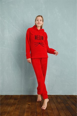 Kadın Pijama Takımı Welsoft Kapşonlu Meow Yazılı