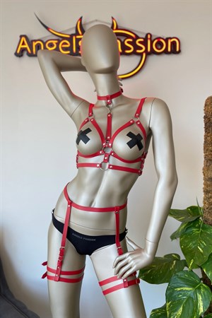 Kırmızı Deri Göğüs Üzeri Harness ve Jartiyer Harness