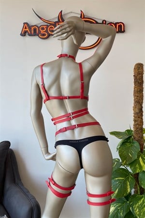 Kırmızı Fantezi Deri Jartiyer Harness Takım