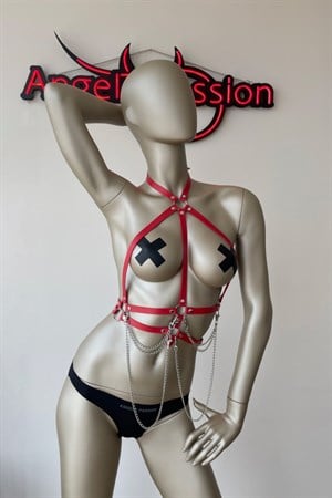 Kırmızı ve Zincir Detaylı Şık Deri Harness