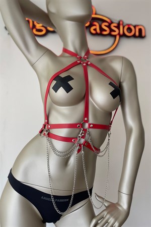 Kırmızı ve Zincir Detaylı Şık Deri Harness