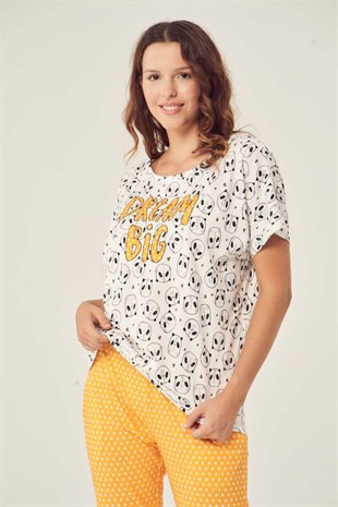 Kısa Kollu Bisiklet Yaka Kadın Pamuklu Pijama Takımı