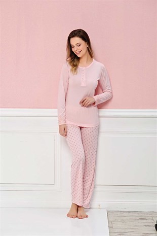 Markafon Kadın Pijama Takımı Büyük Beden Kol Ucu Dantelli 3 Düğmeli