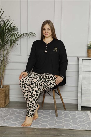 Markafon Kadın Pijama Takımı Uzun Kol Battal 4 Düğmeli Leoparlı