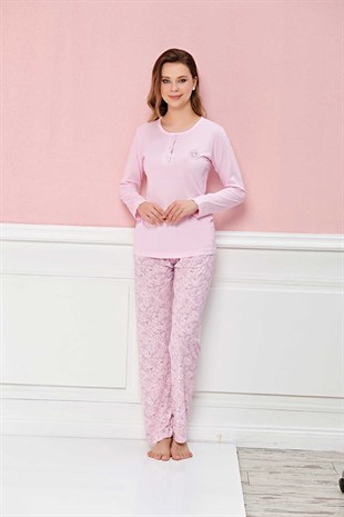 Markafon Kadın Pijama Takımı Uzun Kol 3 Düğmeli Çiçek Desenli Alt