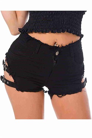 Merry See Yan Dekolte Detaylı Denim Kot Şort Siyah
