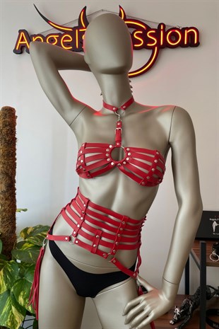 Püskül Detaylı Kırmızı Deri Korse Sütyen Harness Takım