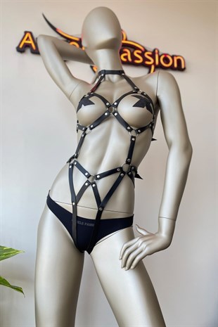 Siyah Deri Fantazi Dansçı Harness Kostüm