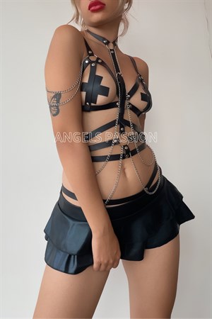 Siyah Deri Korse Harness Takım