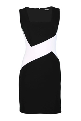 ELBİSEBlock Siyah&Beyaz Kare Yakalı Kolsuz Mini Krep Elbise