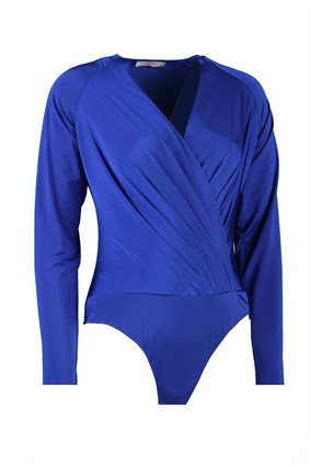 BLUZCarol Kobalt Mavi Kruvaze Yakalı Uzun Kollu Çıtçıtlı Jarse Kadın Bluz Body