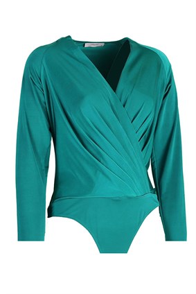 BLUZCarol Yeşil Kruvaze Yakalı Uzun Kollu Çıtçıtlı Jarse Kadın Bluz Body