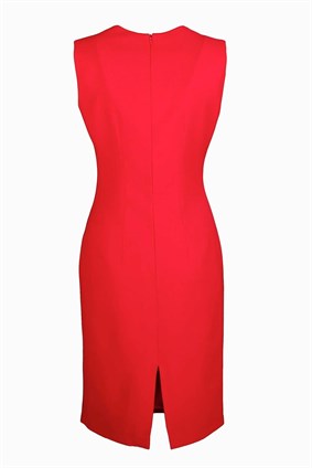 Belle Kırmızı V Yakalı Kolsuz Yırtmaçlı Krep Kalem Elbise