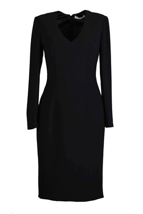 ELBİSEBelle Siyah V Yakalı Uzun Kollu Yırtmaçlı Krep Kalem Elbise