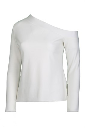 BLUZNiki Beyaz Tek Omuzlu Kol Yırtmaçlı Triko Bluz