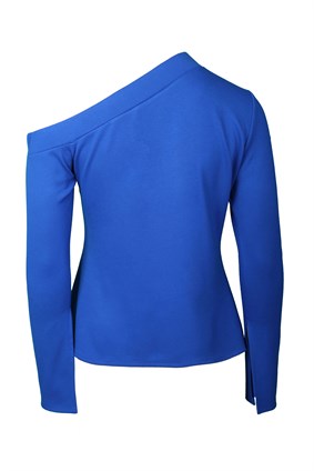 BLUZNiki Saks Mavi Tek Omuzlu Kol Yırtmaçlı Triko Bluz