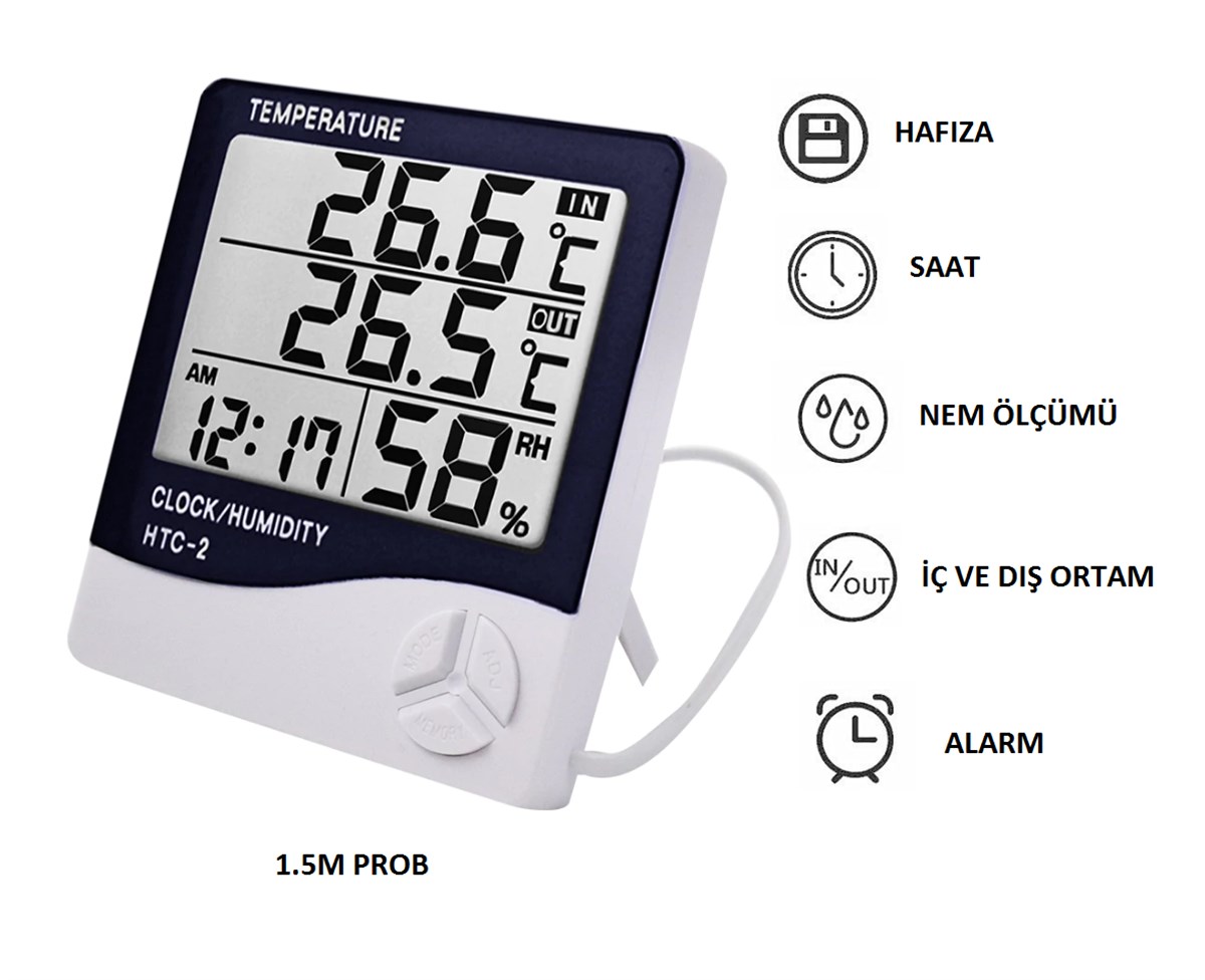 HTC-2 Dijital Termometre Higrometre Sıcaklık Nem Ölçer Saat ve Alarm