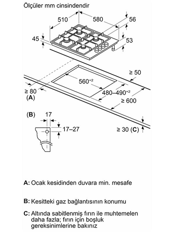 Bosch PBP6C5K80O Gazlı Ocak 60 cm Paslanmaz Çelik