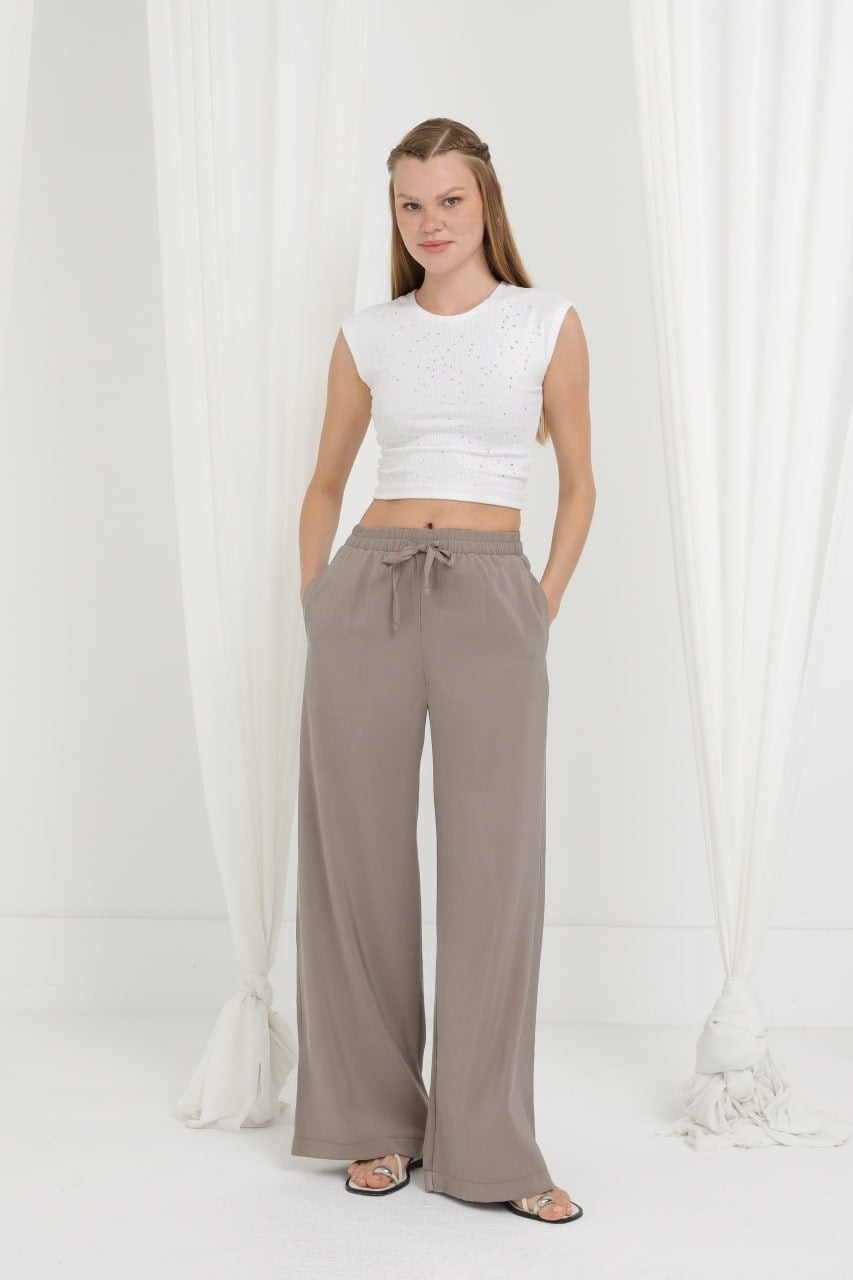 Ayarlanabilir Dökümlü Palazo Pantolon-Camel CAMEL