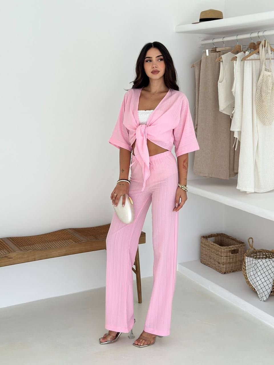 Bağlamalı Keten İkili Takım-Pembe PEMBE
