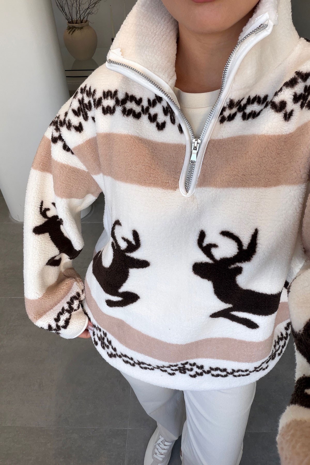 Bej - Yarım Fermuar Ceylan Desenli Sweat BEJ