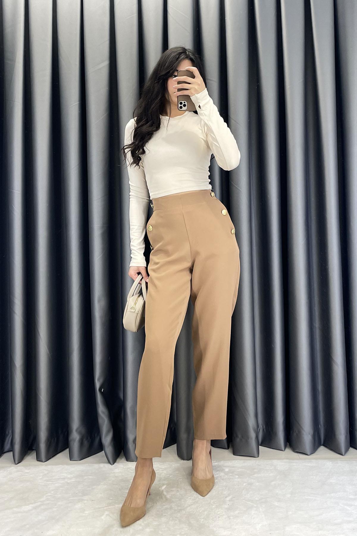 Beli Lastikli Cep Düğme Detay Pantolon - Camel CAMEL