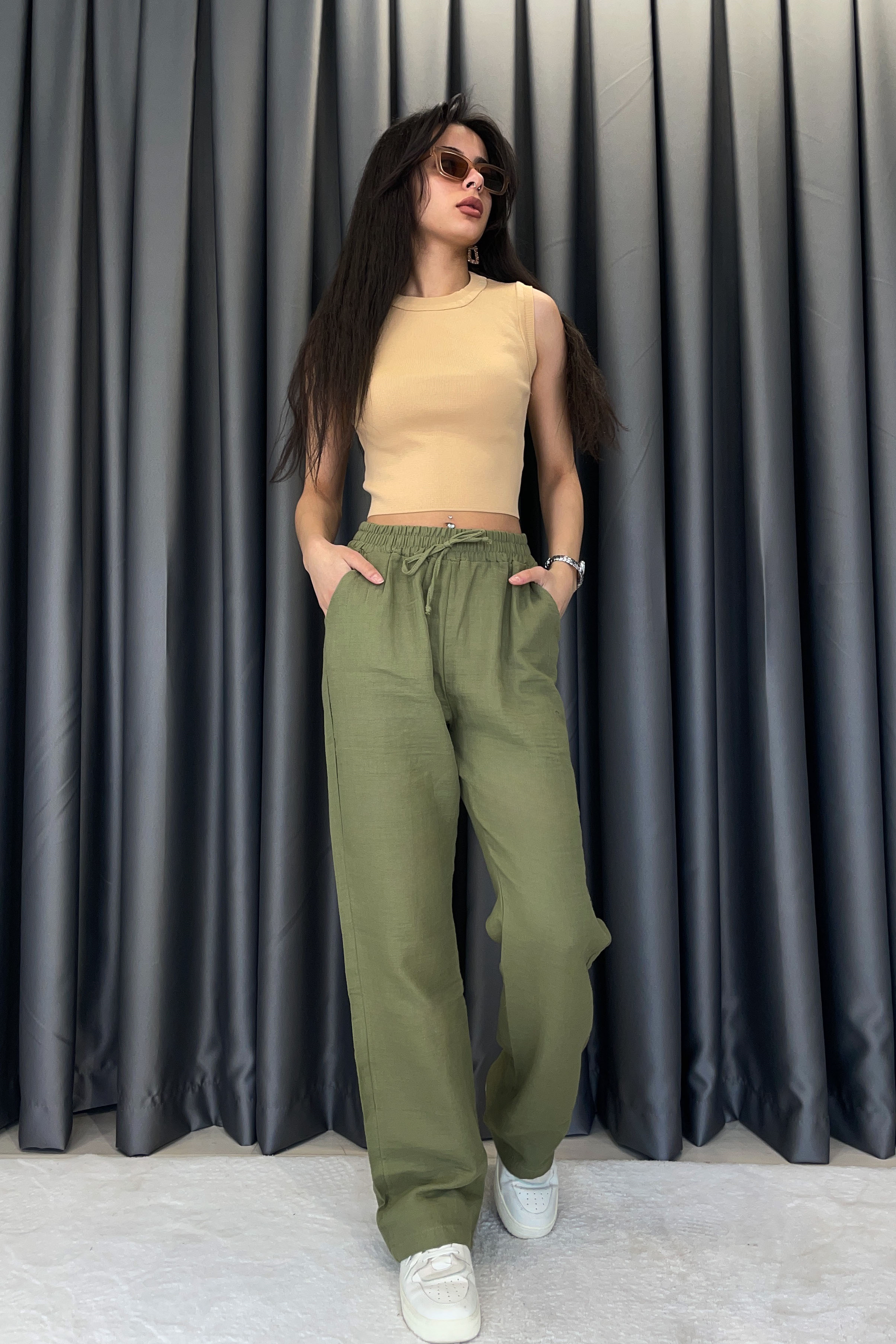Beli Lastikli Müslin Pantalon - Haki HAKİ