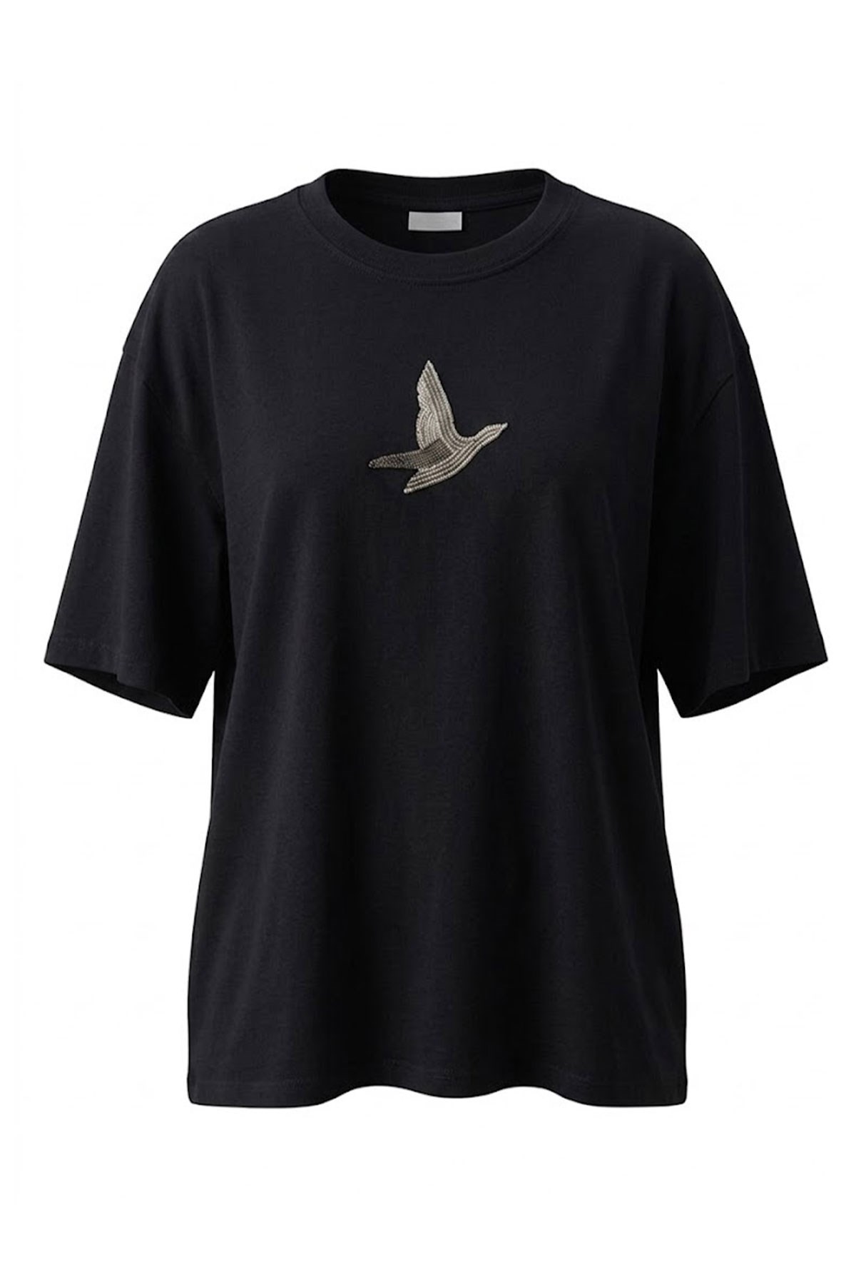 Bisiklet Yaka Kuş Detay T-shirt- Siyah SİYAH