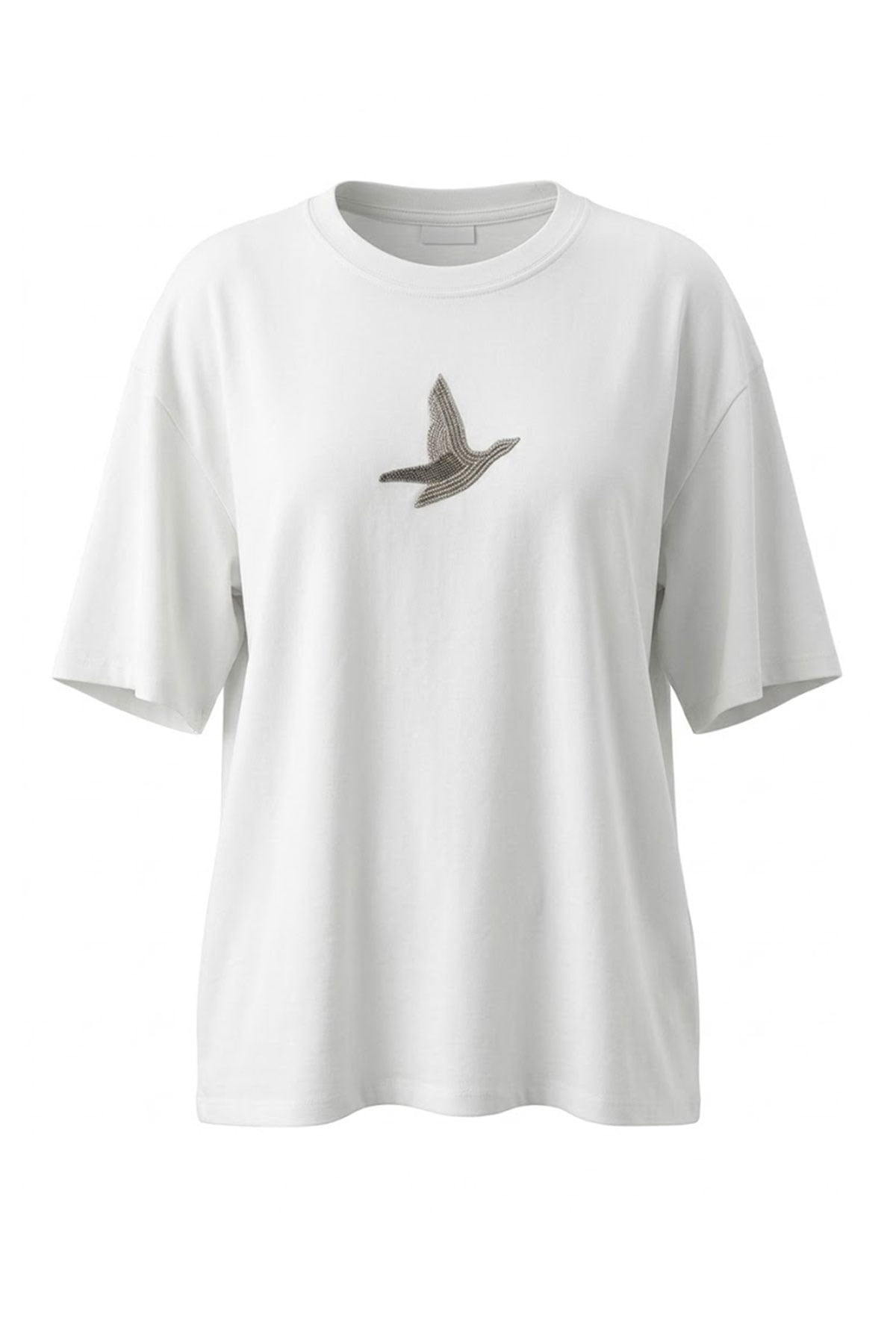 Bisiklet Yaka Kuş Detaylı T-shirt- Ekru EKRU
