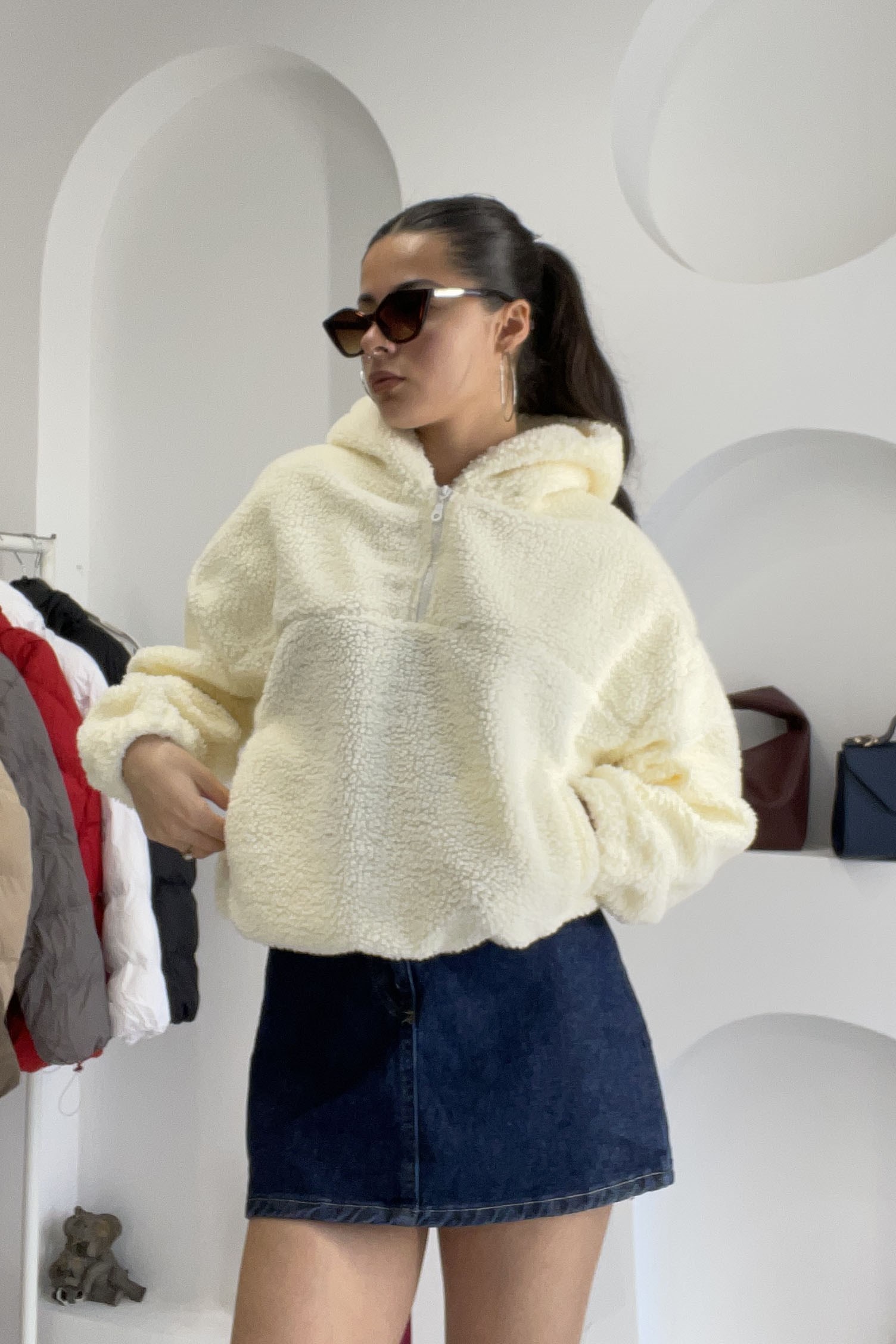 Boyun Fermuarlı Altı Lastikli Peluş Sweat - Krem KREM