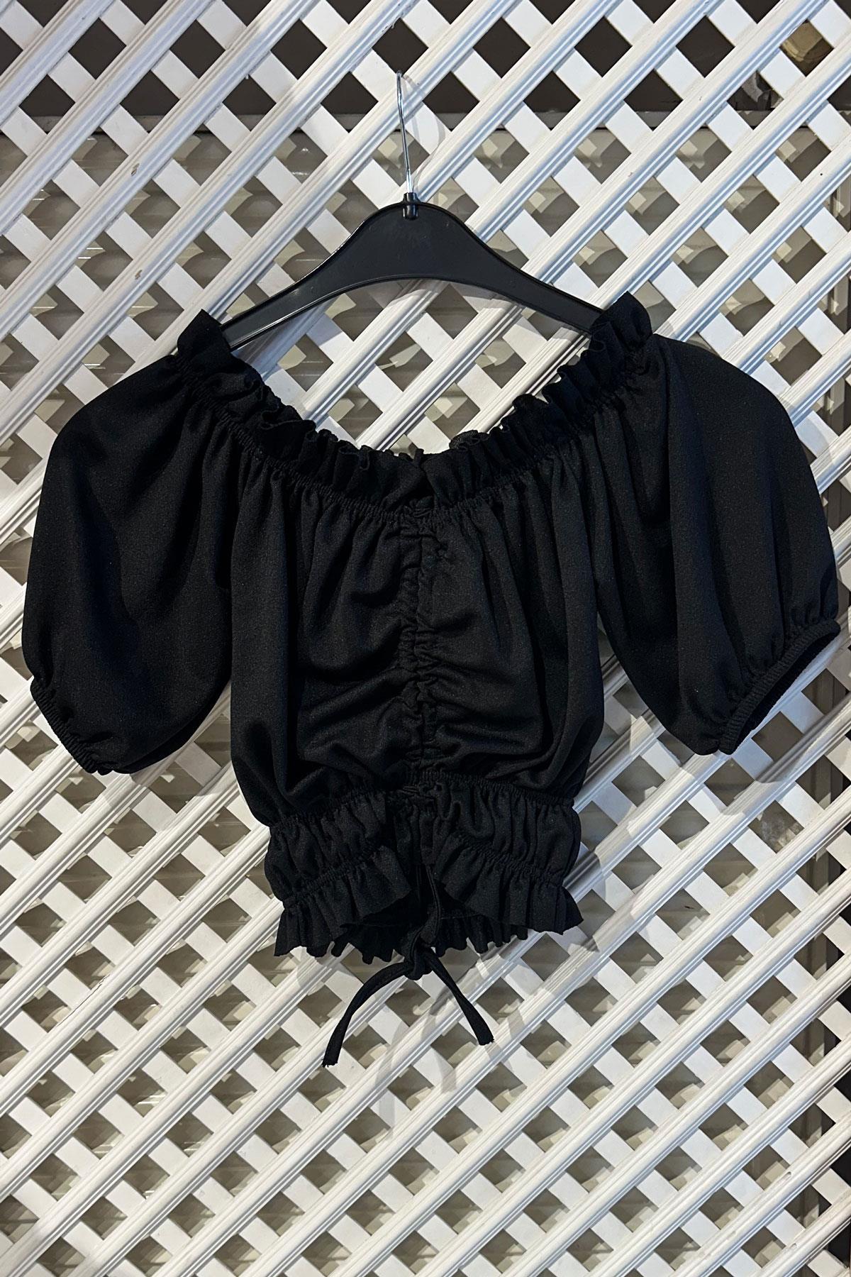 Carmen Yaka Büzgülü Crop Bluz - Siyah SİYAH