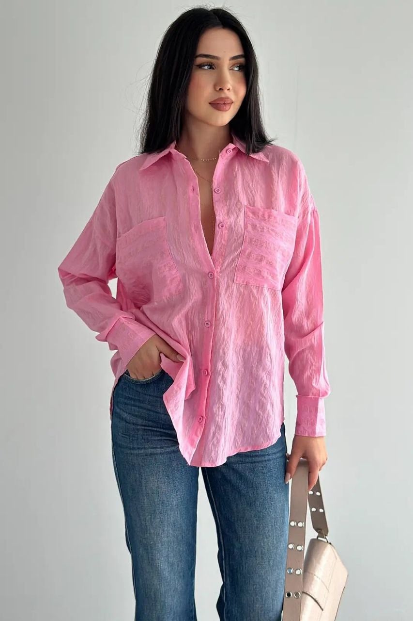 Çift Cepli Çizgili Gömlek-Pembe PEMBE