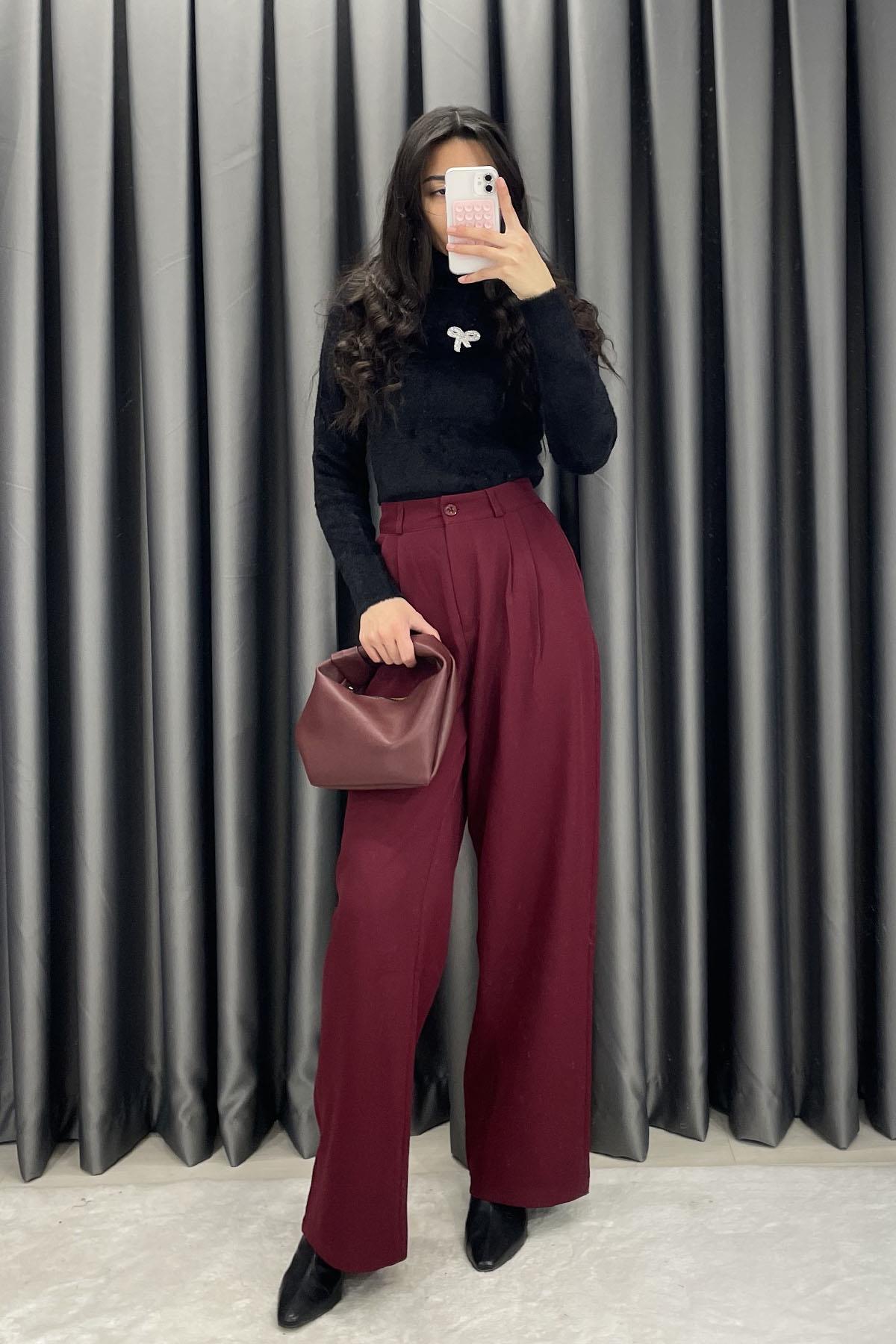 Çift Pileli Palazzo Kumaş Bol Paça Pantolon - Bordo BORDO