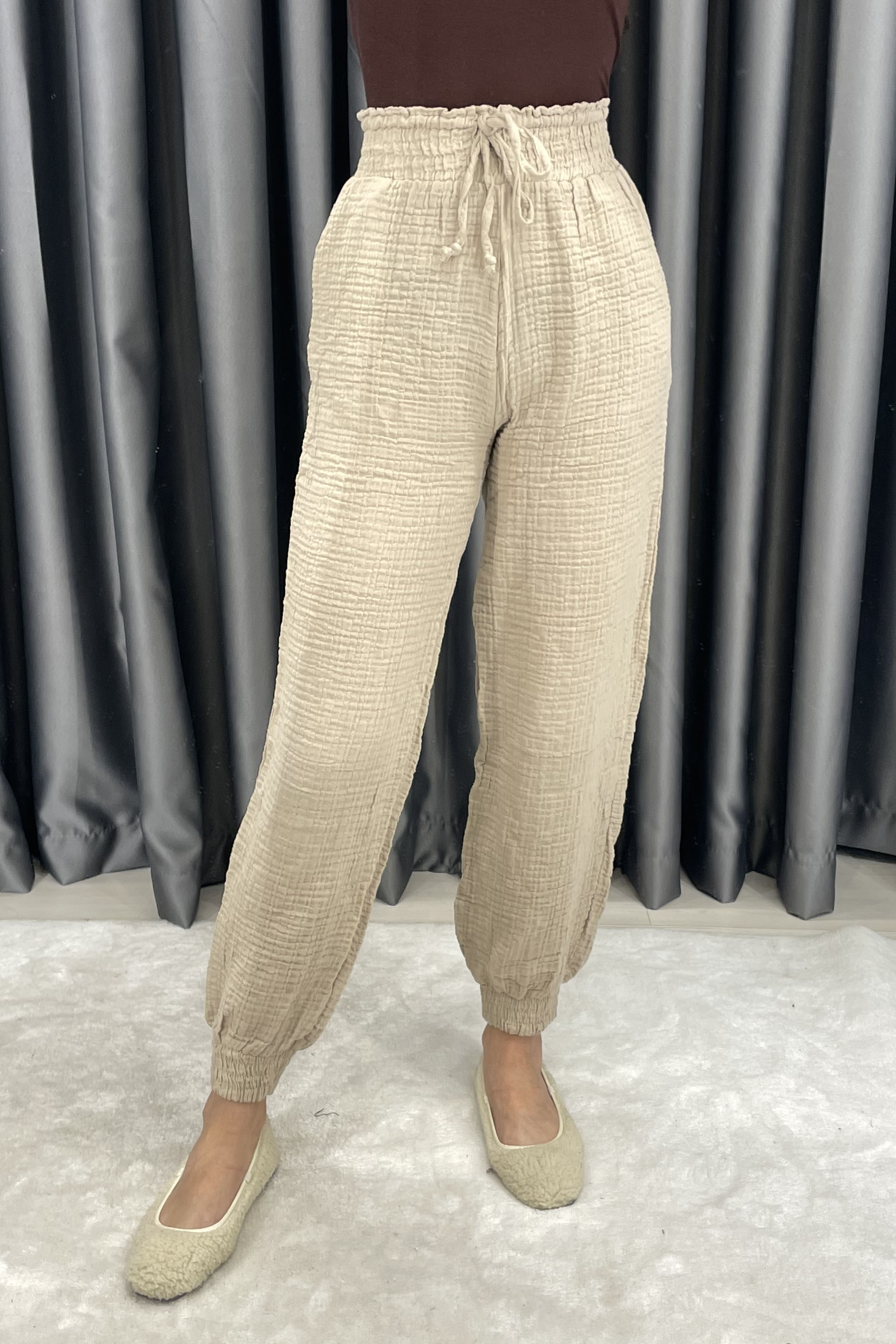 Crep Paça Lastikli Keten Pantolon - Bej BEJ