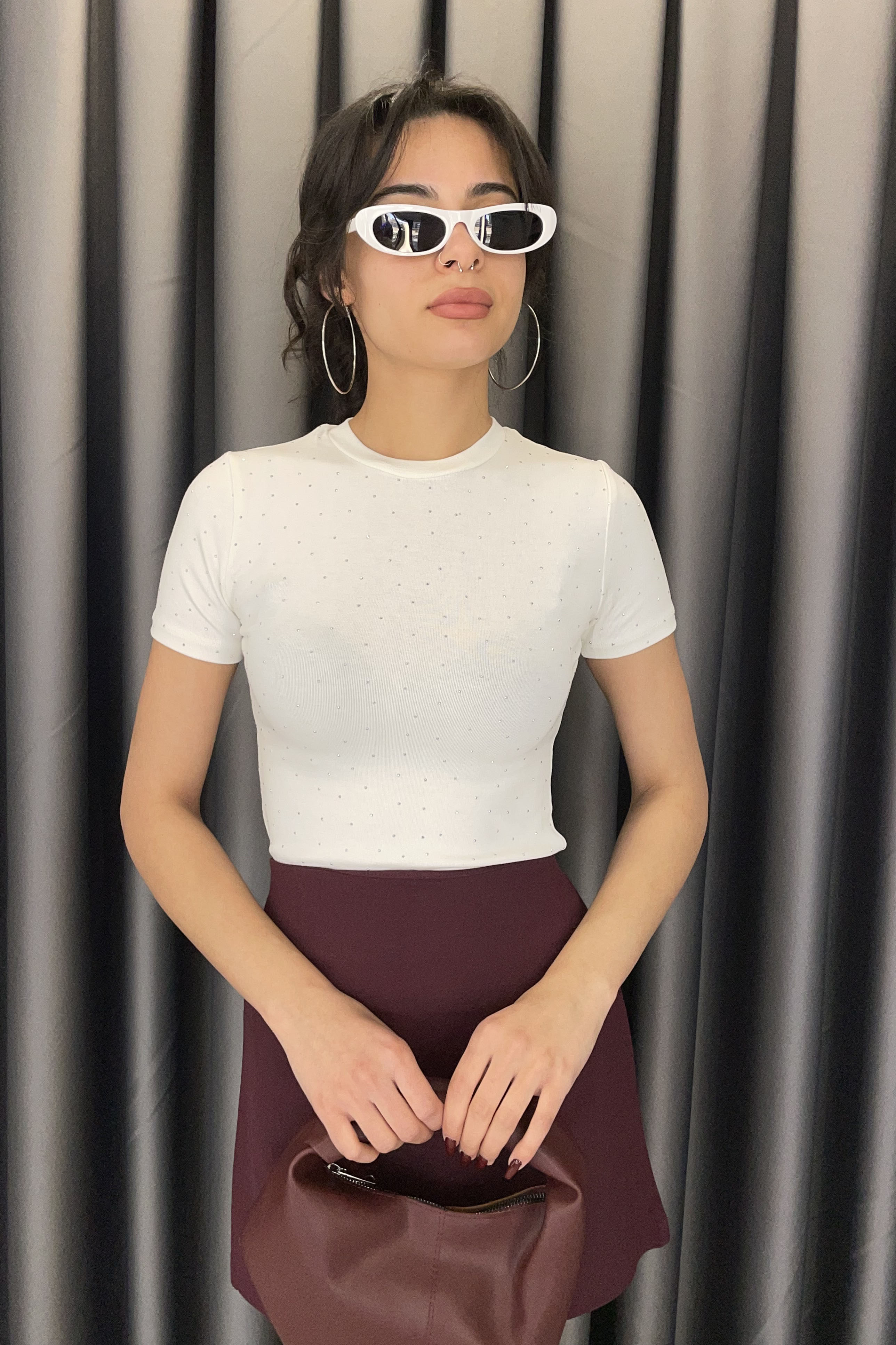 CREP Serpme Taşlı Kısa Kol T-shirt-Ekru EKRU