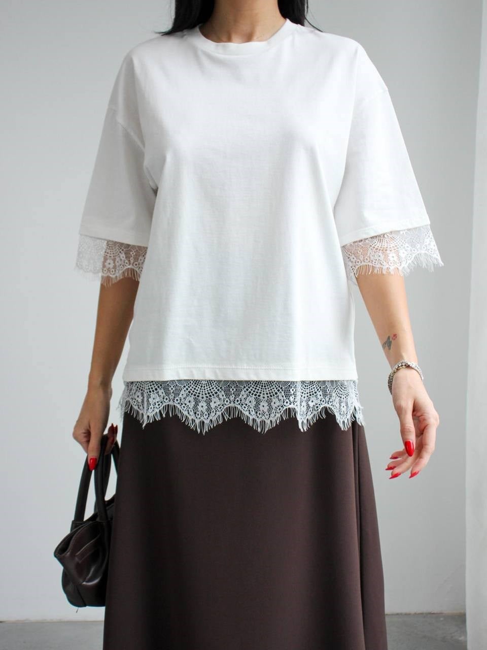 Dantel İşlemeli Basıc T-shirt- EKRU EKRU