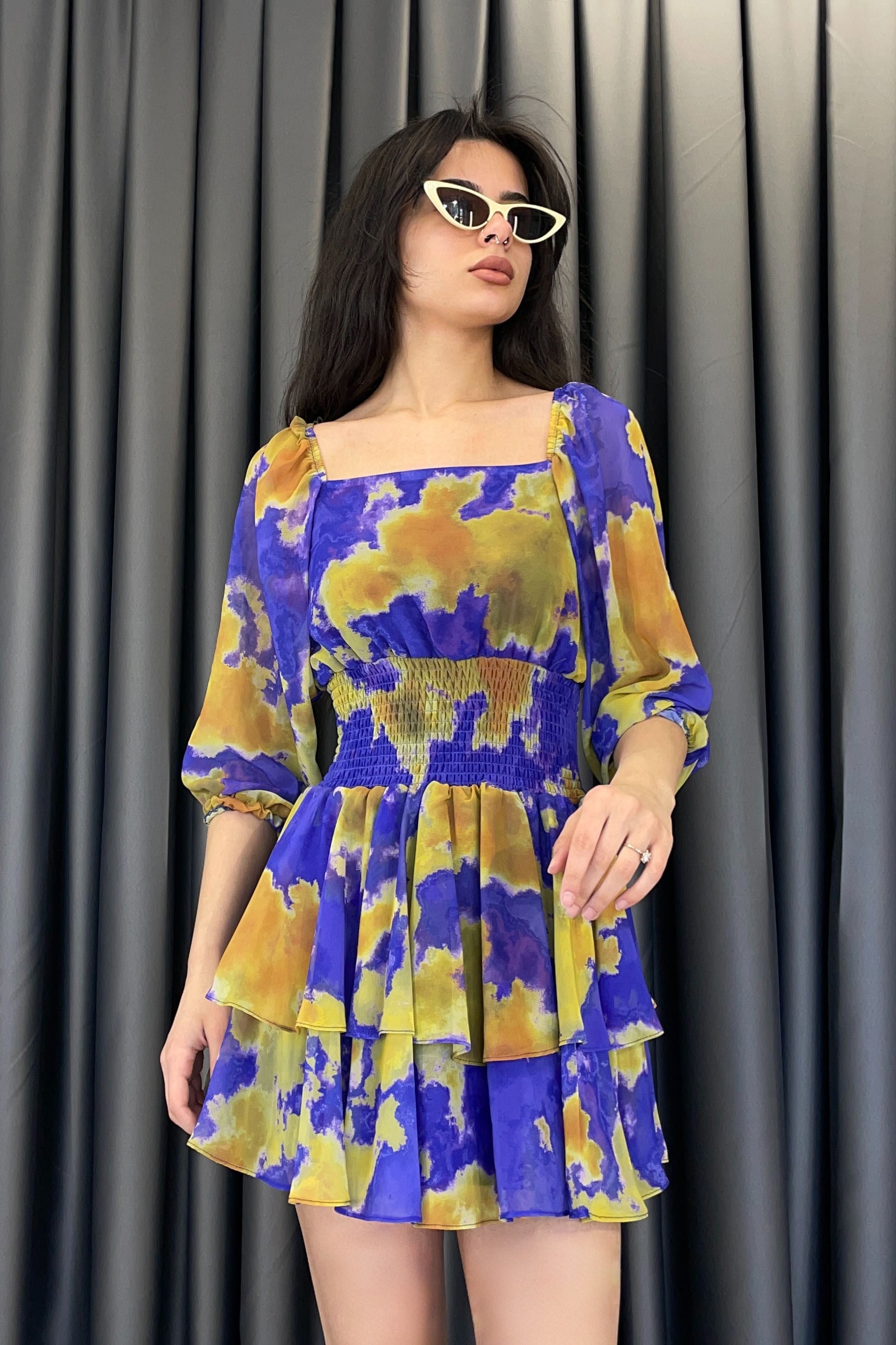 Eteği Çift Katlı Bel Lastik Detay Mini Elbise - Mor MOR