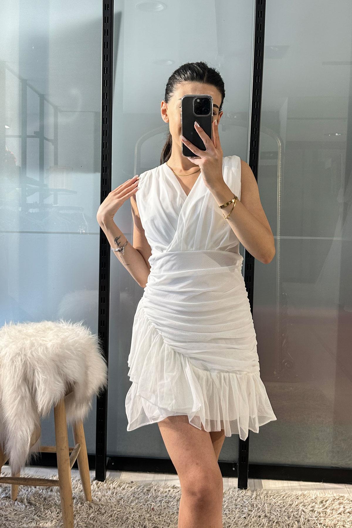 Eteği Drape Detay Tül Abiye - Ekru EKRU