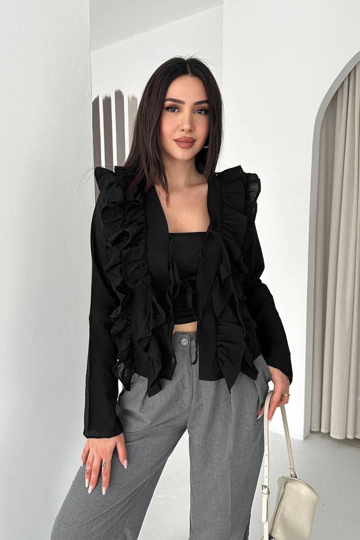 Fırfırlı Bağcıklı Bluz-Siyah SİYAH