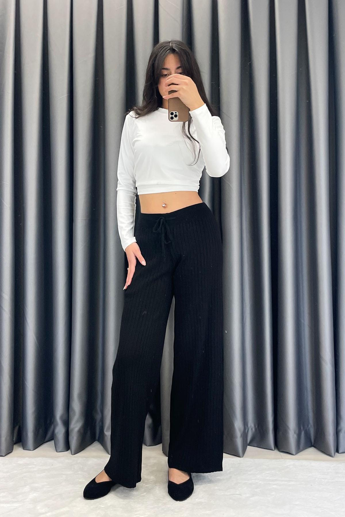 Fitilli Triko Pantolon - Siyah SİYAH