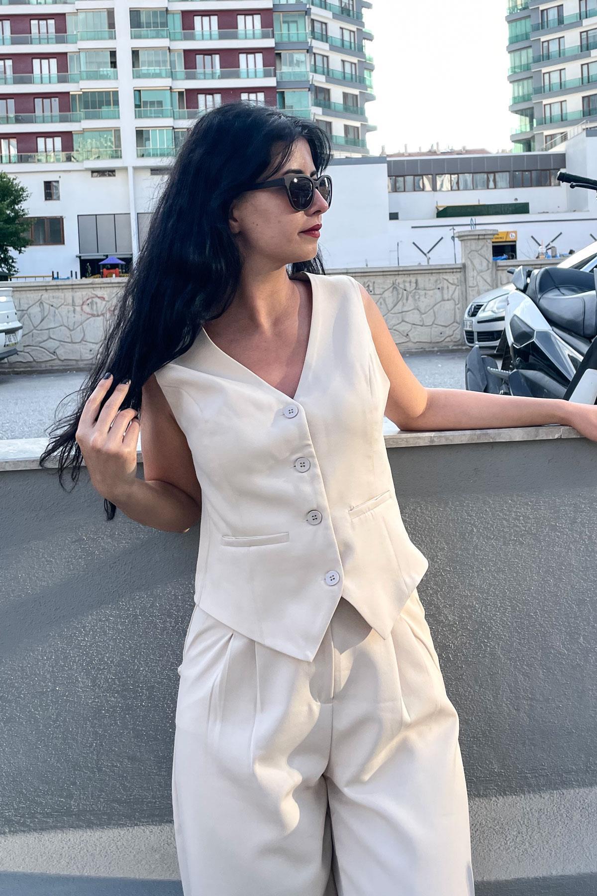 Gizli Cep Detay Astarlı Kumaş Yelek - Taş TAŞ