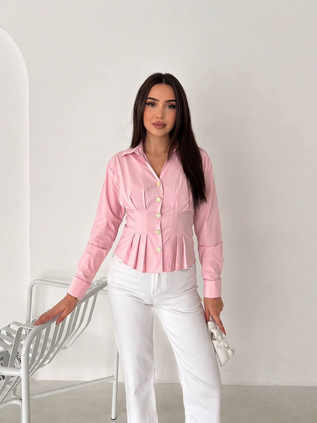 Gold Düğmeli Pensli Gömlek- Pembe PEMBE
