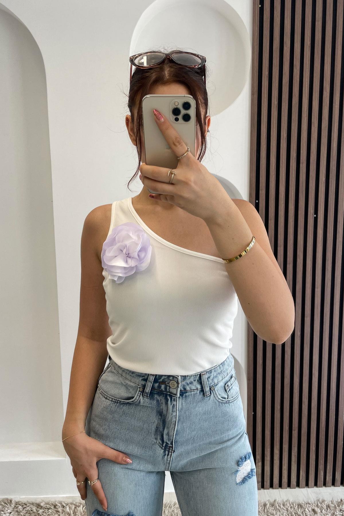 Gül Detay Tek Omuz Ottoman Bluz - Ekru EKRU