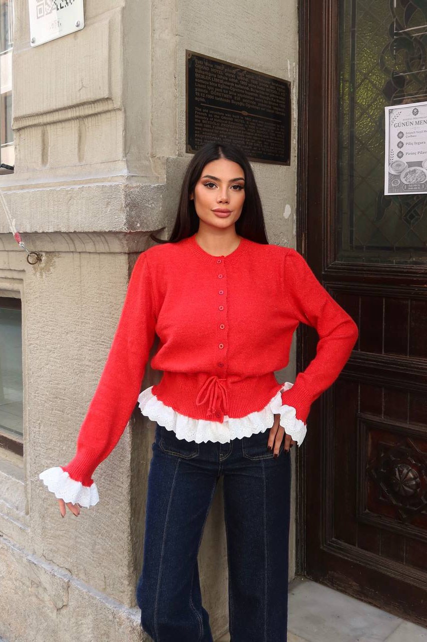 Güpür Detay Bağcıklı Hırka-Kırmızı KIRMIZI