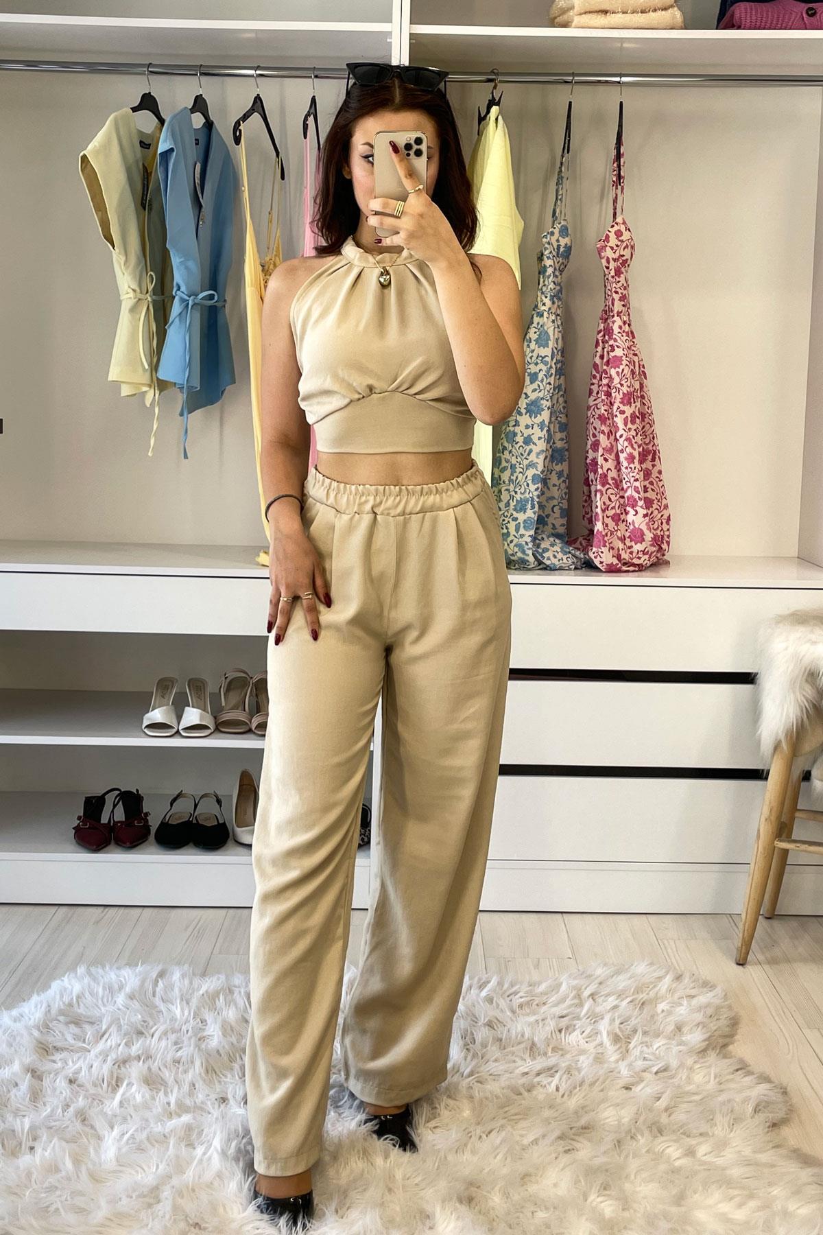 Halter Yaka Crop Detay Dokuma İkili Takım- Bej BEJ