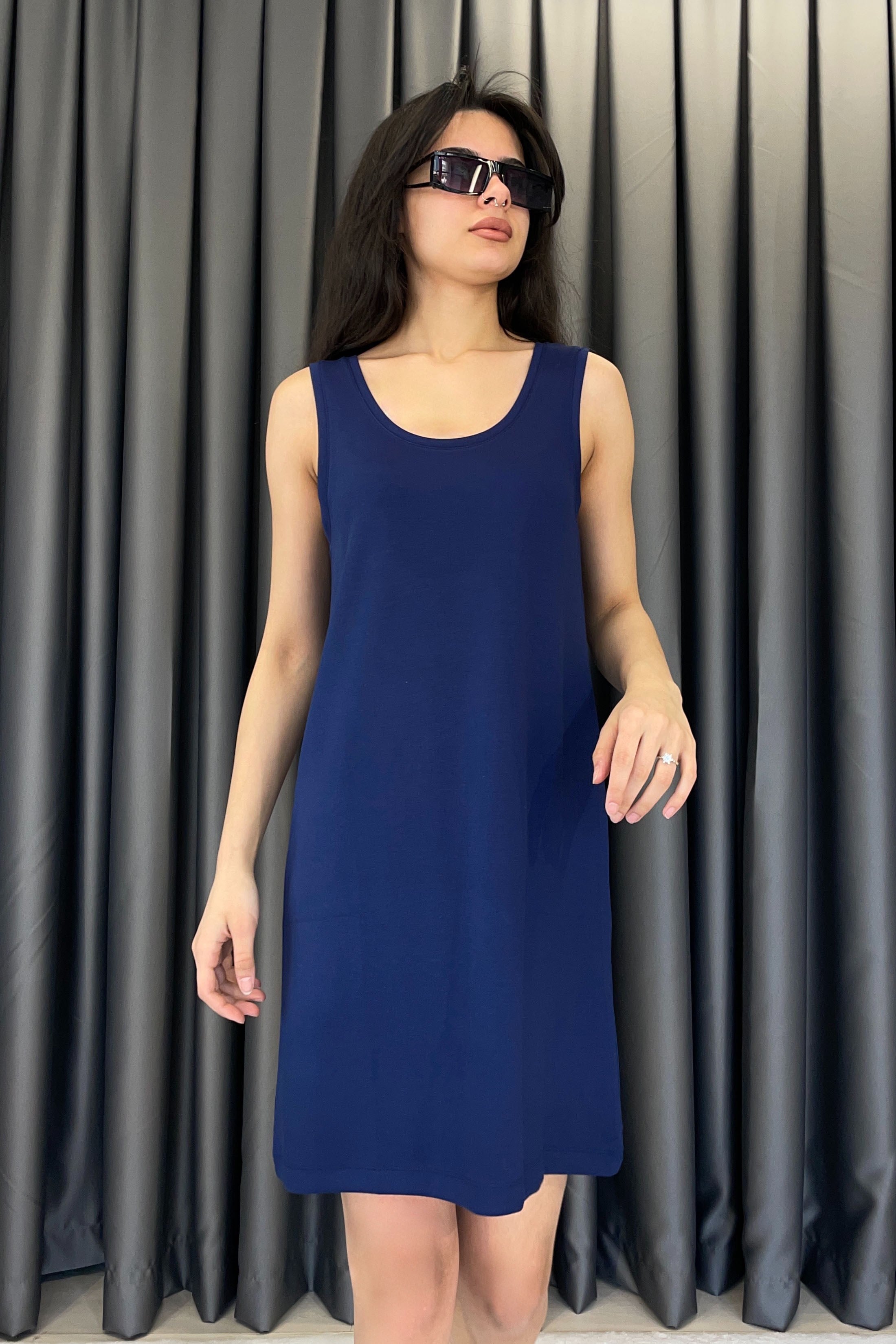 Kalın Askılı Modal Elbise-Lacivert LACİVERT