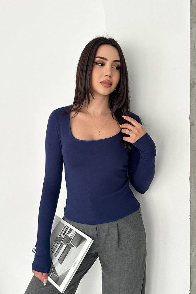 Kare Yaka Uzun Kol Crop-Lacivert LACİVERT