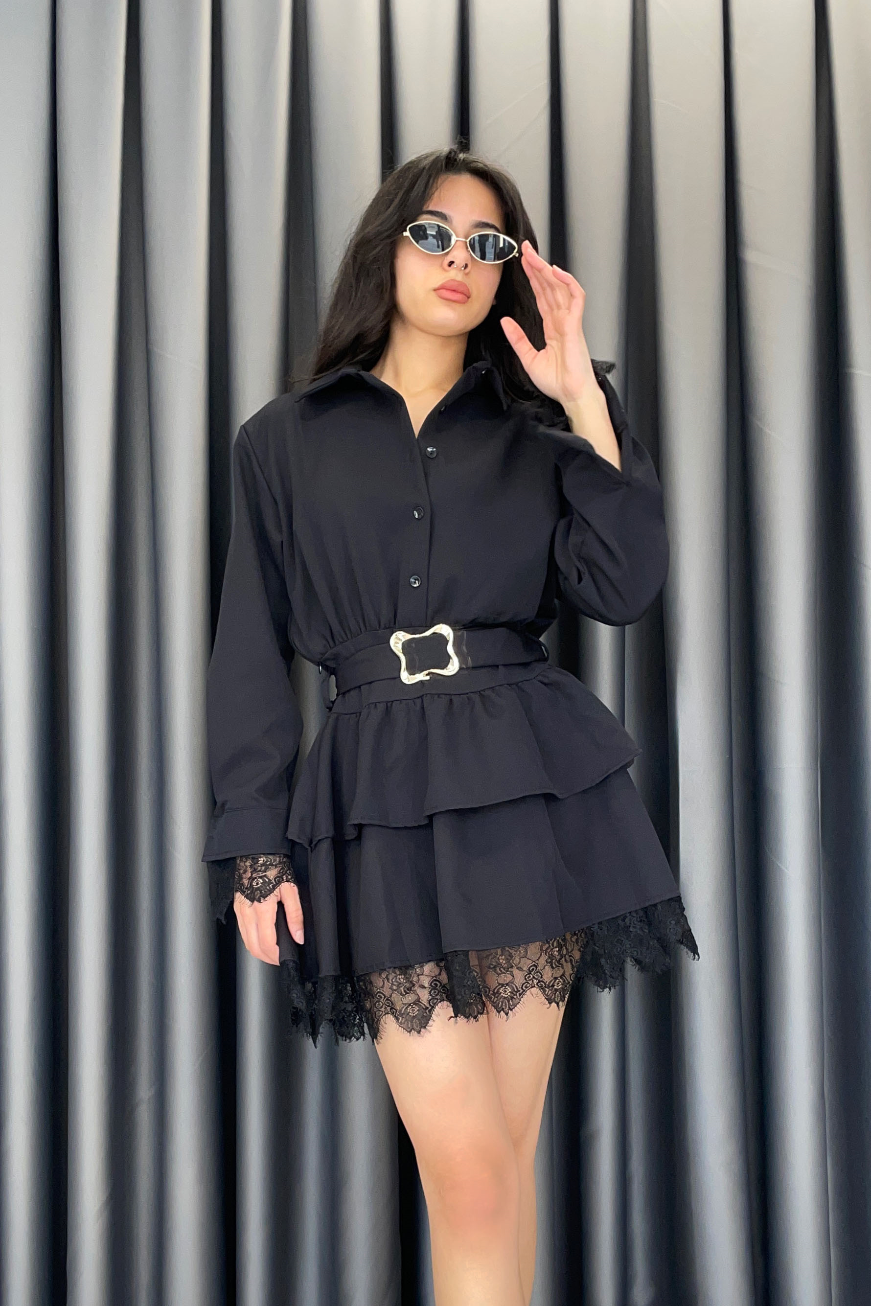 Kechi Gömlek Yaka Pilesi Dantel Elbise - Siyah SİYAH