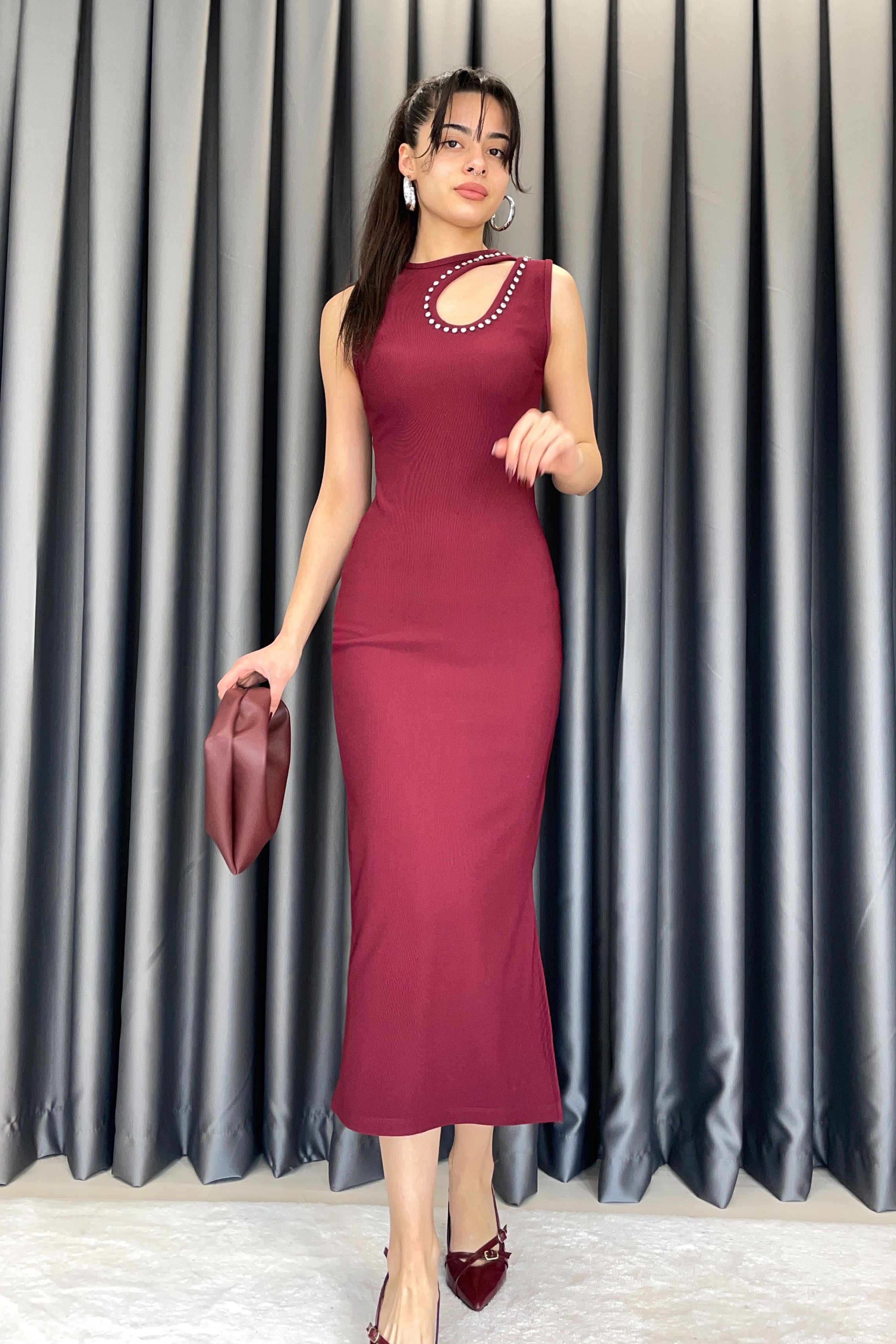 Kechi Ottoman Kumaş Damla Taşlı Elbise - Bordo BORDO