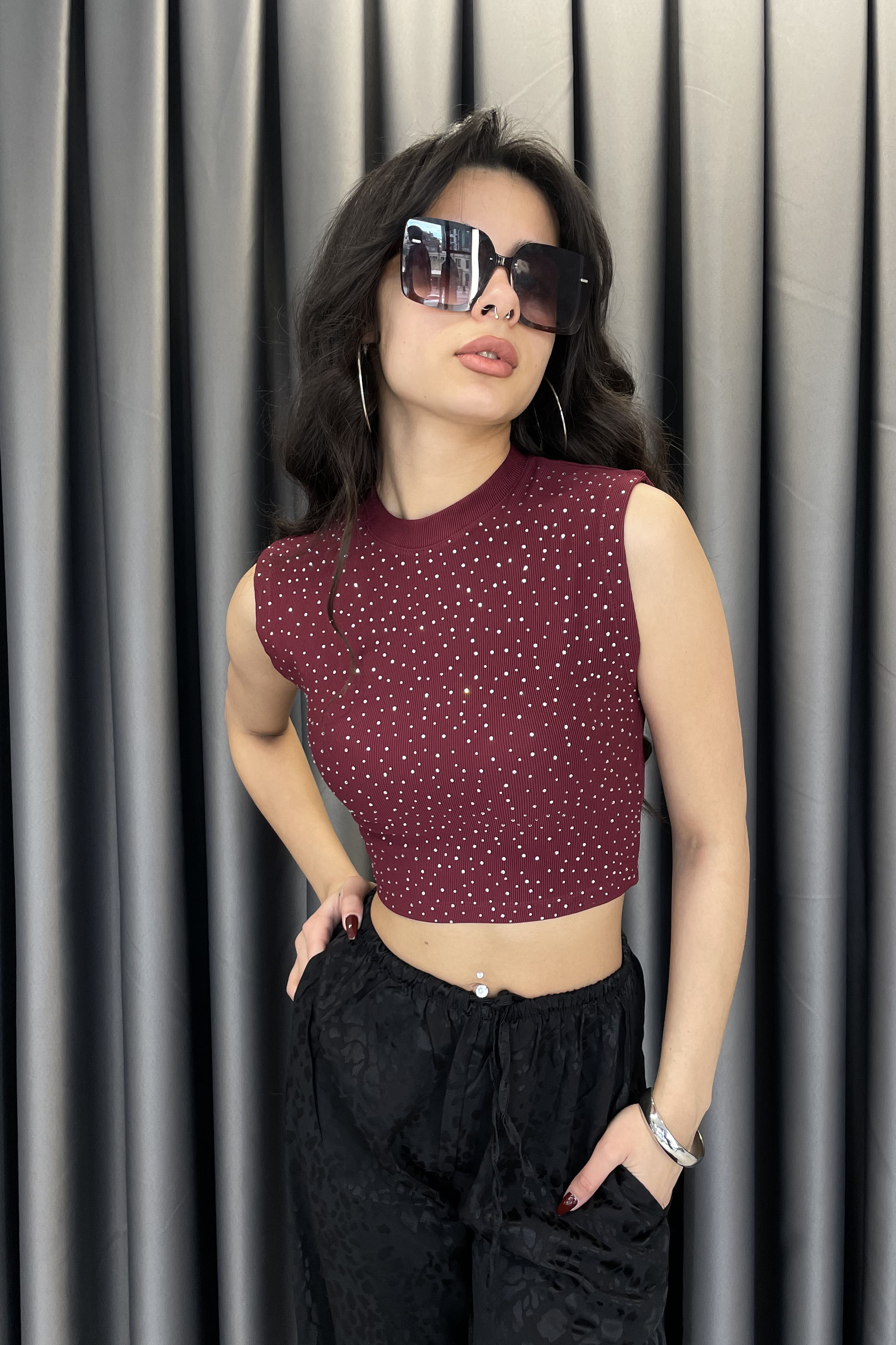 Kechi Ottoman Kumaş Serpme Taşlı Crop - Bordo BORDO